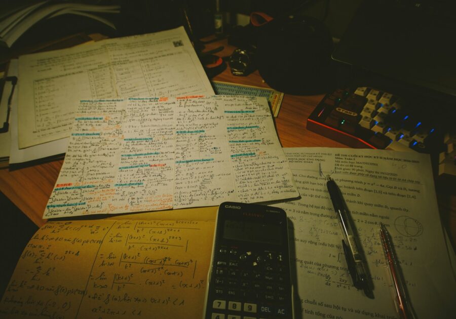 Desk with papers, calculator, and pens